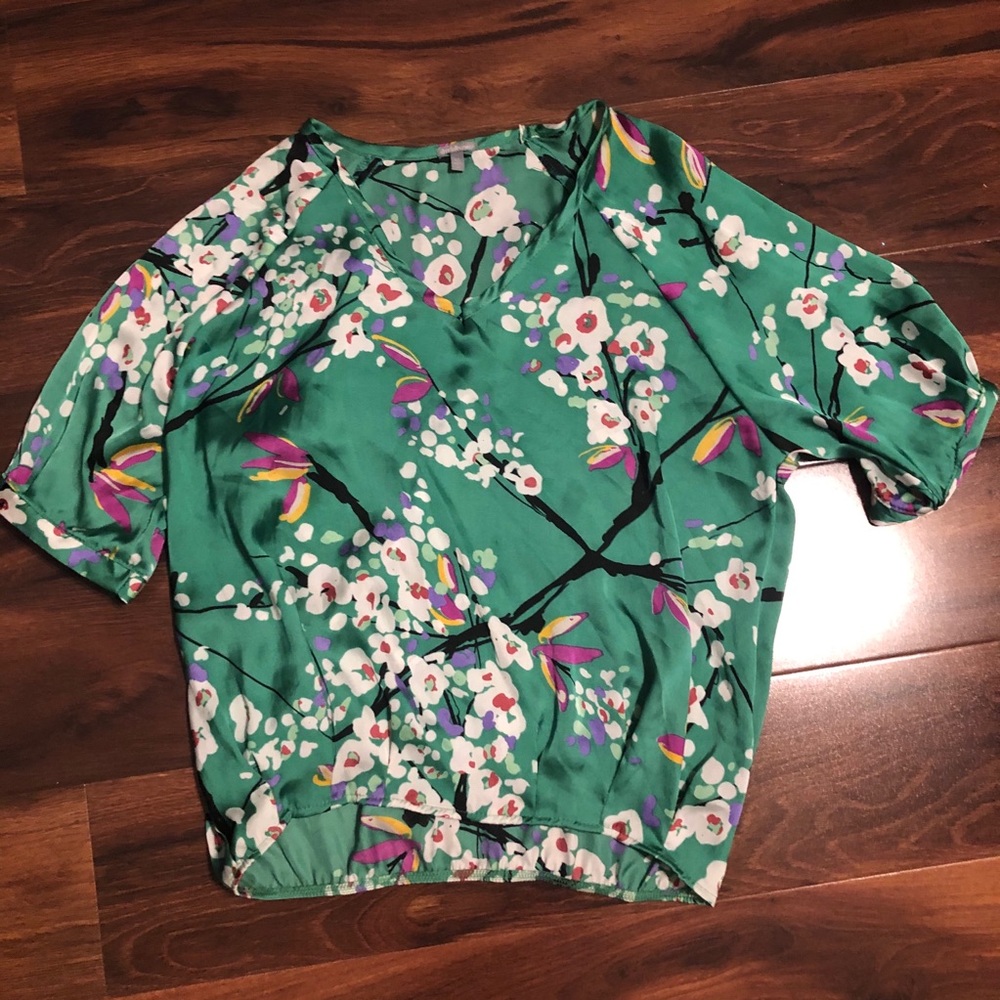 Silk Green 3/4 Japanese Blossom Floral Blouse